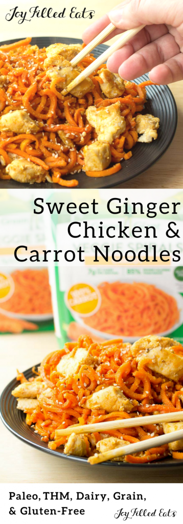pinterest image for sweet ginger chicken with carrot noodles
