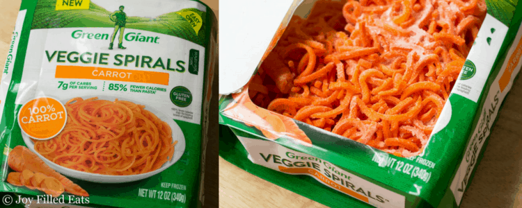 two Green Giant packages of carrot veggie noodles with top removed from one package
