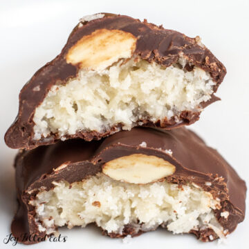 two keto almond joys stacked on top of each other