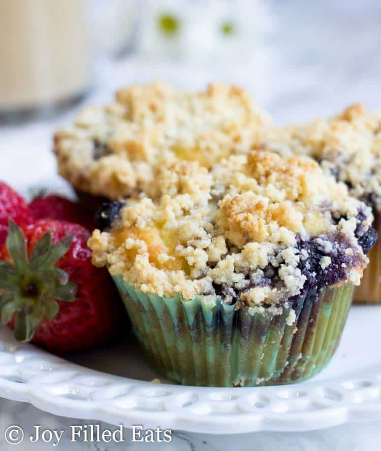 close up on blueberry muffin with crumb topping