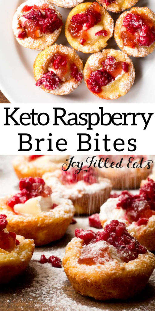 pinterest image for brie appetizer bites with raspberry