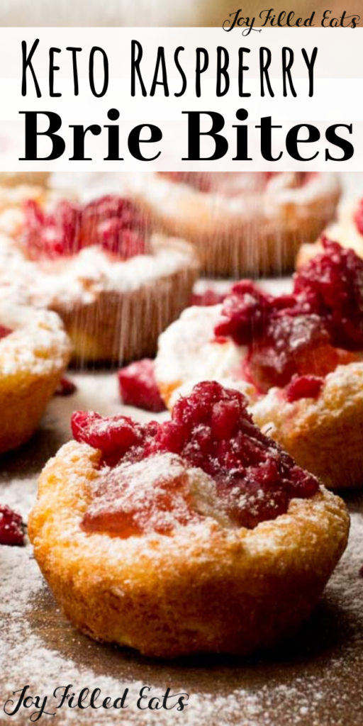 pinterest image for brie appetizer bites with raspberry