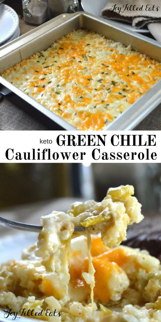pinterest image for keto green chile cauliflower casserole