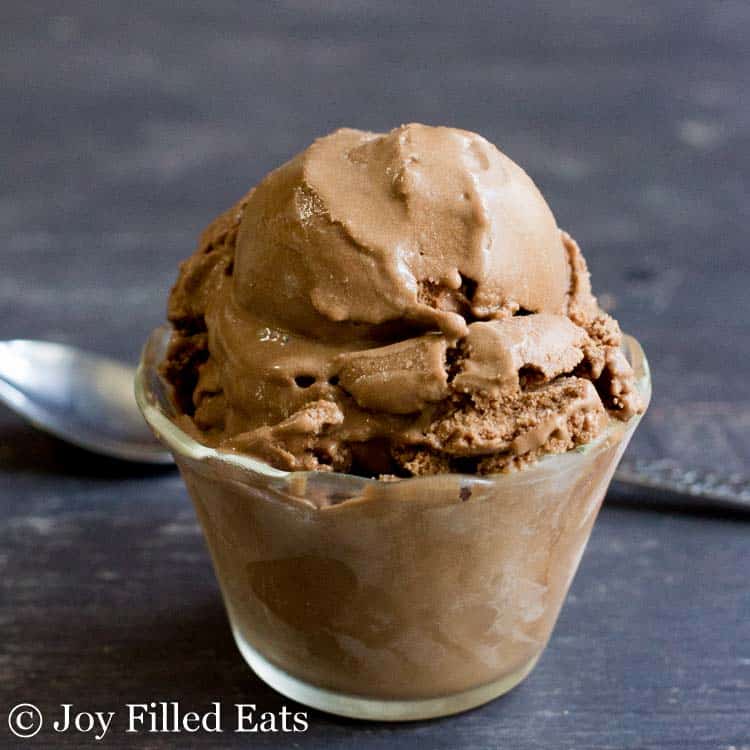 scoop of chocolate ice cream in a glass cup next to a spoon