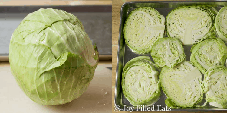 collage of images of a head of cabbage and sliced cabbage steaks on a sheet pan