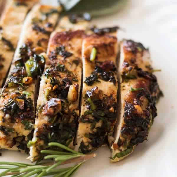 macadamia and sage crusted chicken breast sliced into strips