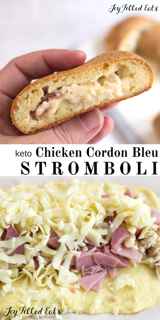 pinterest image for keto chicken cordon bleu stromboli