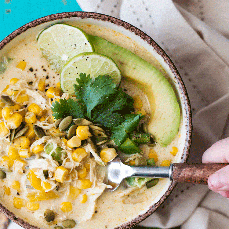 Spoon in No bean slow cooker white chili chicken