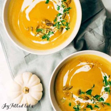 two bowls of keto pumpkin soup from above