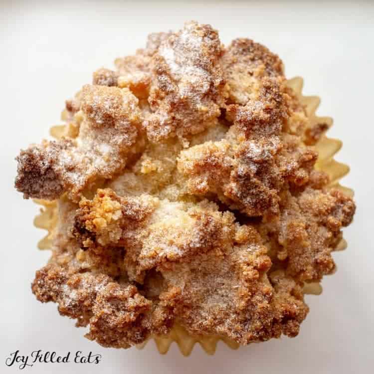 close up on keto coffee cake muffin crumb topping