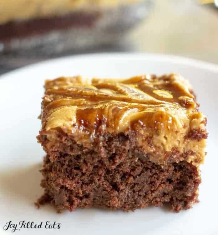 close up of caramel macchiato brownie on white plate