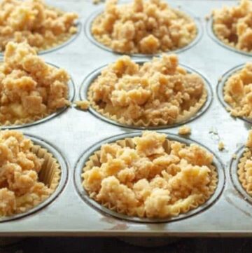 coffee cake muffins topped with crumb topping in muffin tin