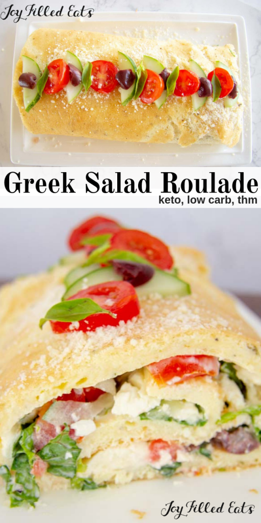 pinterest image for keto greek salad roulade