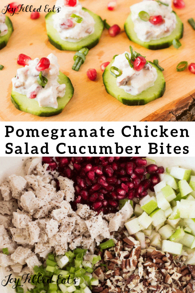 pinterest image for pomegranate chicken salad cucumber bites