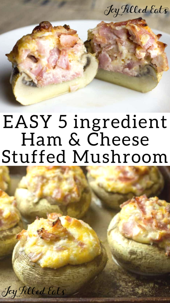 pinterest image for 5 ingredient ham & cheese stuffed mushrooms