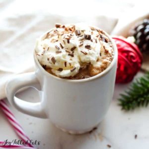 mug of keto peppermint mocha topped with whipped cream and chocolate shavings