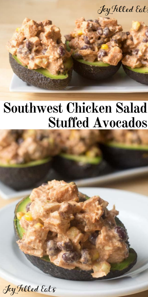 pinterest image for southwest chicken salad stuffed avocados