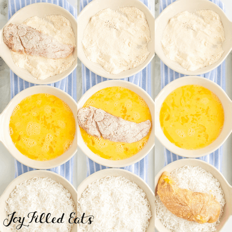 rows of bowls showing breading process of coconut chicken tenders including a row of coconut flour, a row of beaten eggs and a row of coconut shreds