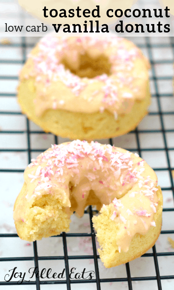 pinterest image for toasted coconut vanilla donuts