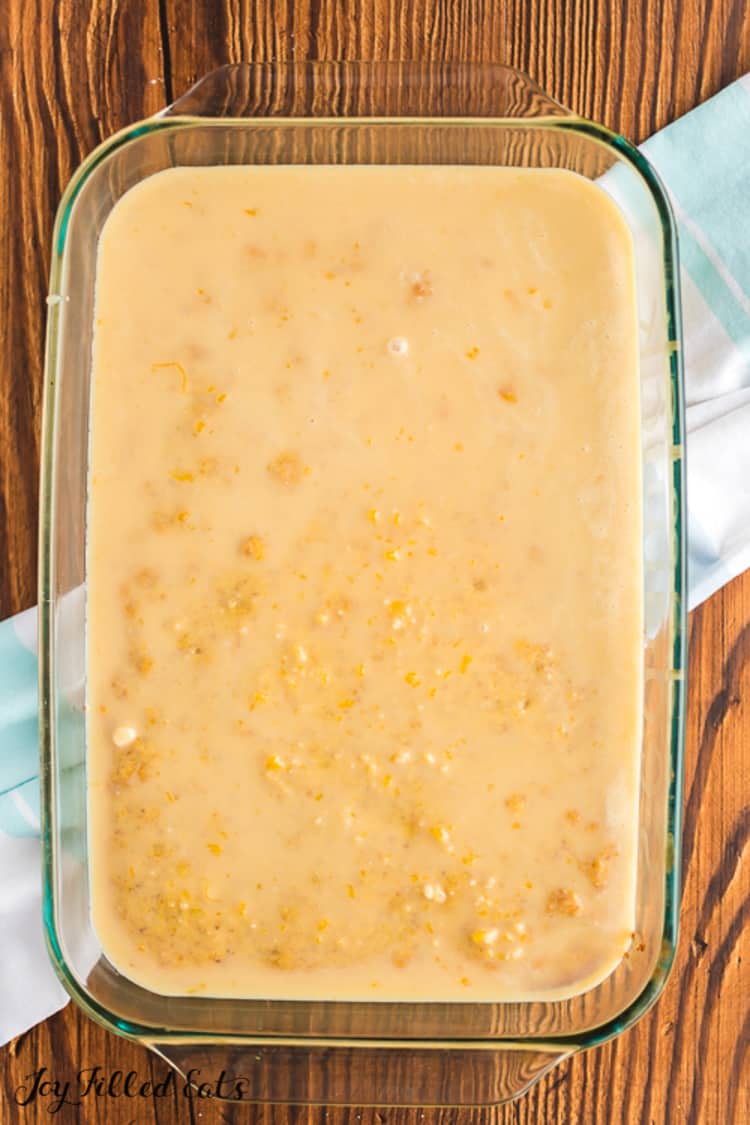 keto tres leches cake batter in casserole dish from above