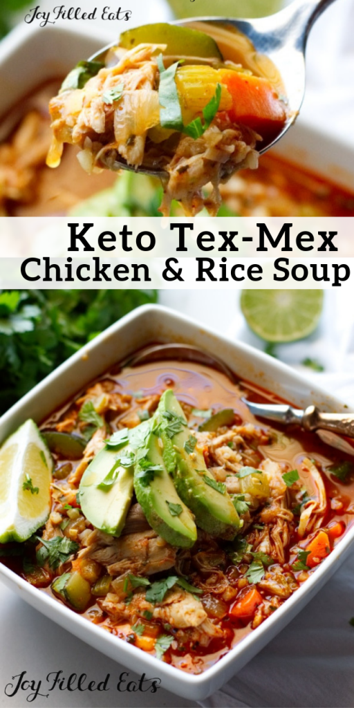 pinterest image for keto tex-mex chicken & rice soup