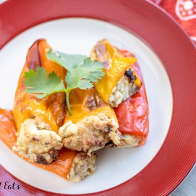 pile of low carb stuffed peppers with chicken on a plate from above