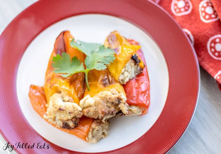 pile of low carb stuffed peppers with chicken on a plate from above