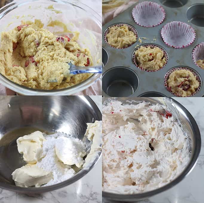 Steps showing how to make low carb sour cream cupcakes