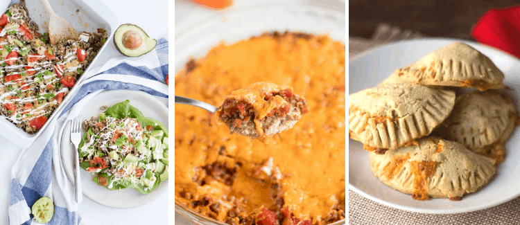 three images showing different entrees that utilize homemade taco meat and taco seasoning