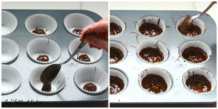 two images of hand spooning dollops of melted chocolate base into muffin tin mold for homemade cadbury cream eggs and second image of hand spreading chocolate with spoon to cover bottom of tin molds