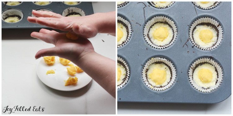 two images of hand rolling cream egg filling and overhead view of homemade cadbury cream eggs filling in muffin tin
