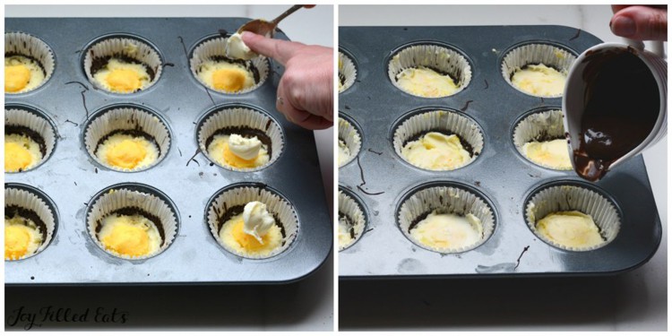 two images of hand spooning cream filling into muffin tin and hand pouring melted chocolate over cream filling in muffin tin