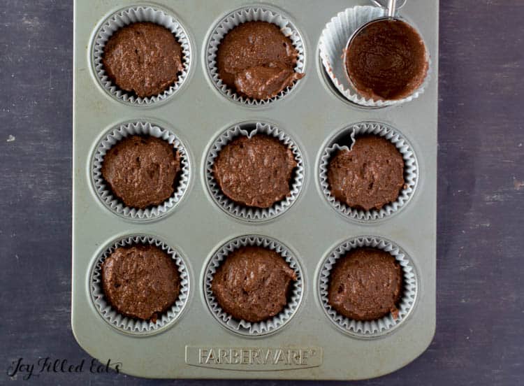 muffin tin filled with scooped portions of keto chocolate cupcake batter with ice cream scoop