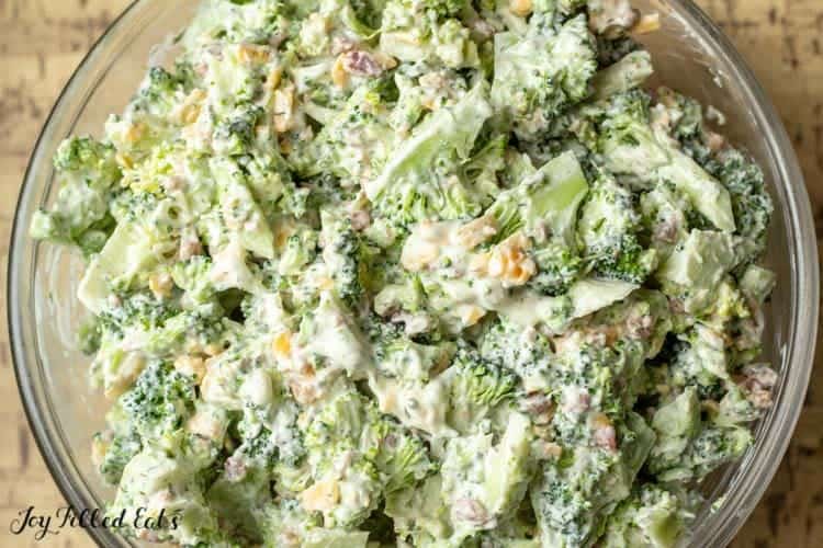 close up on healthy broccoli salad in bowl