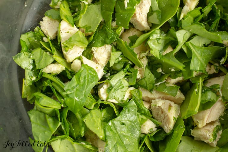 baby spinach and chicken pieces close up