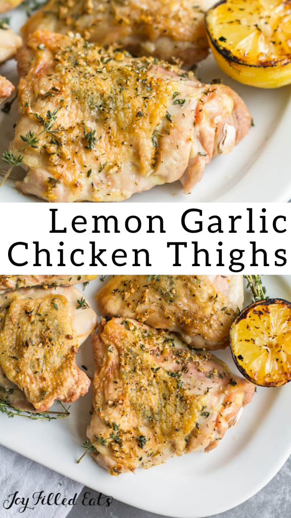pinterest image for lemon garlic baked chicken thighs