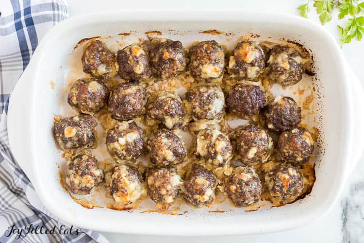 casserole dish filled with keto meatballs