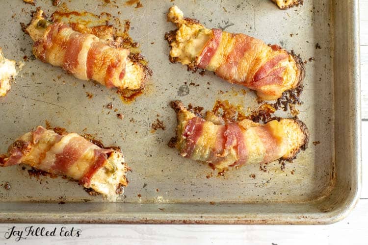 Bacon Ranch Jalapeno Poppers baked on a sheet pan from above