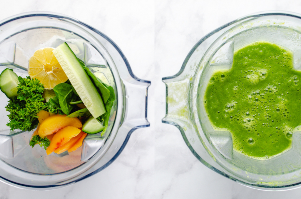 two blenders side by side, one with whole ingredients and one with blended ingredients for green smoothie