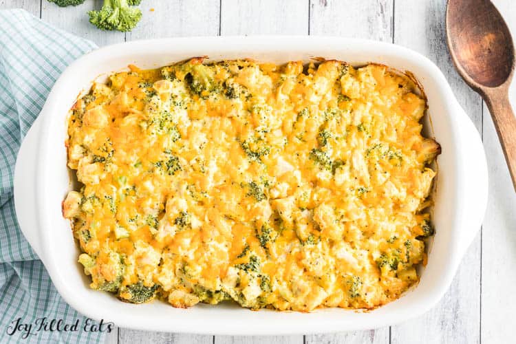 keto chicken divan casserole with wooden spoon from above