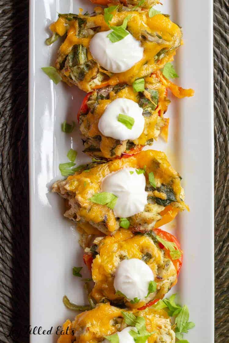 Chicken stuffed peppers topped with a dollop of sour cream from above