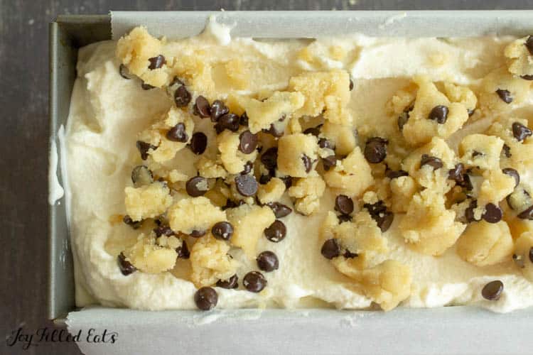 container of ice cream topped with cookie dough pieces