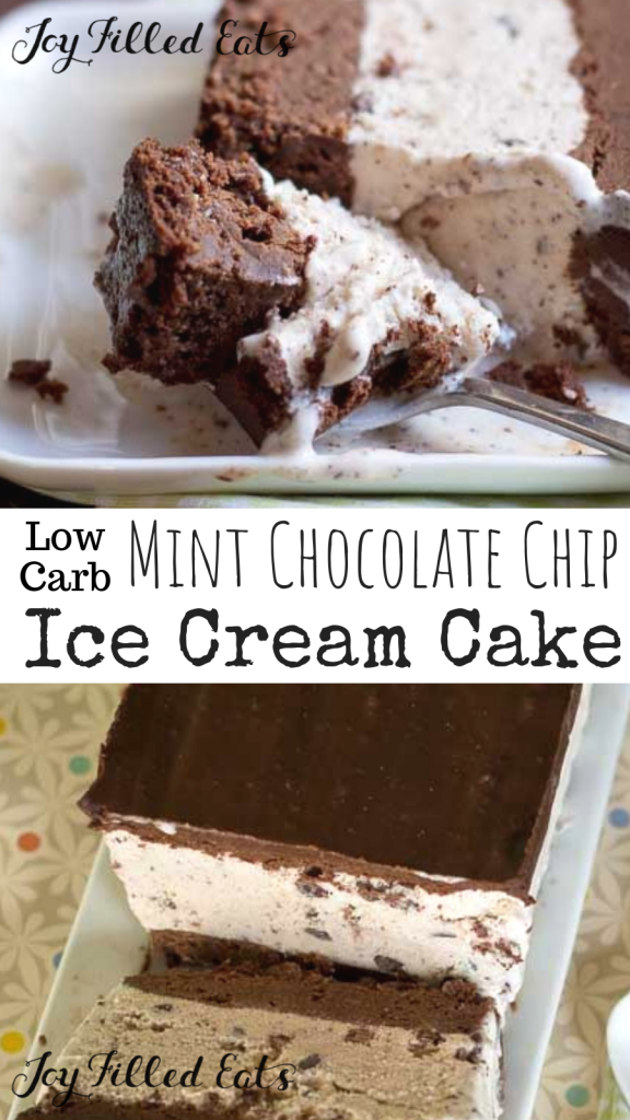 pinterest image for low carb mint chocolate chip ice cream cake