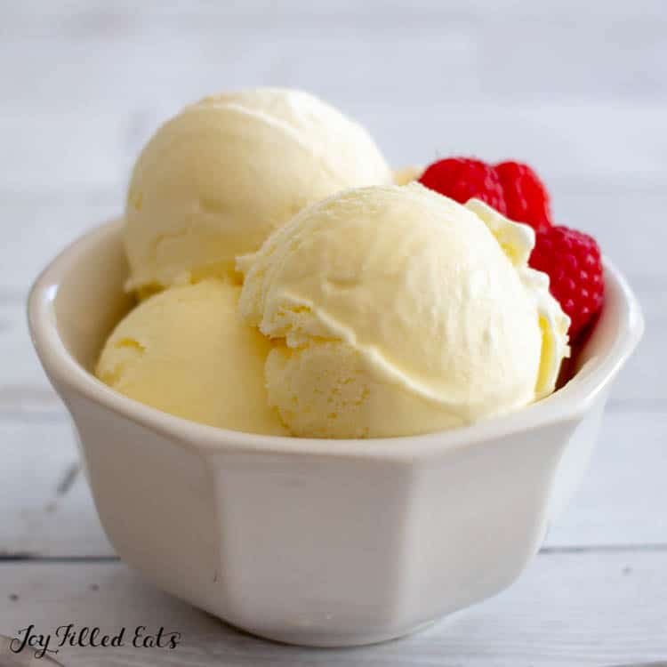frozen custard scoops with raspberries in small white dish close up