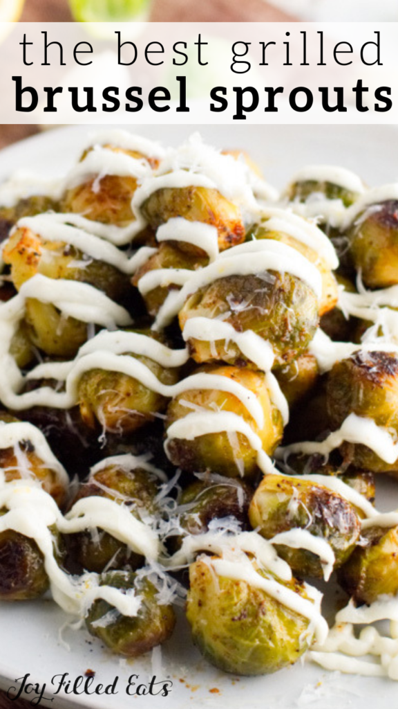 pinterest image for grilled Brussels sprouts