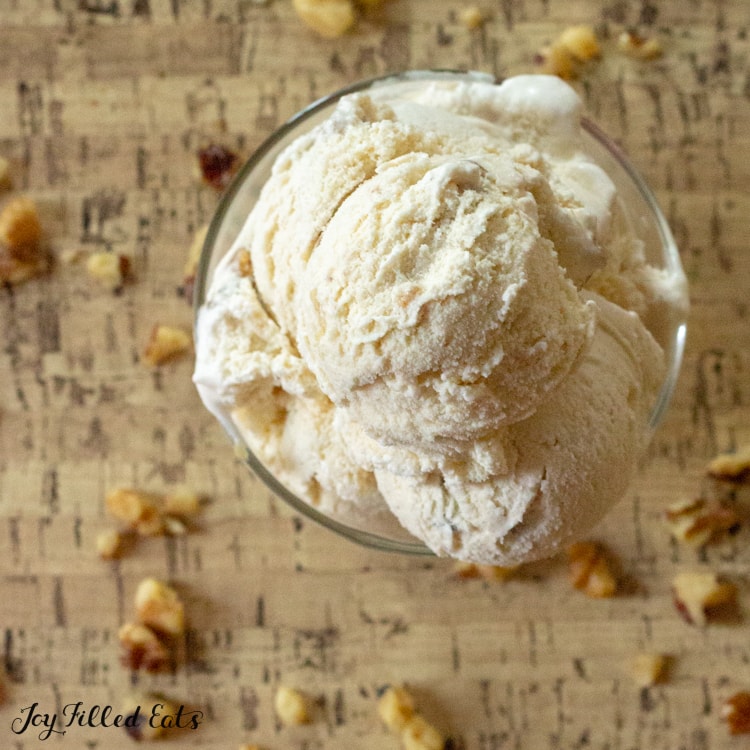 Overhead view of Maple Ice Cream with Candied Walnuts scattered on table