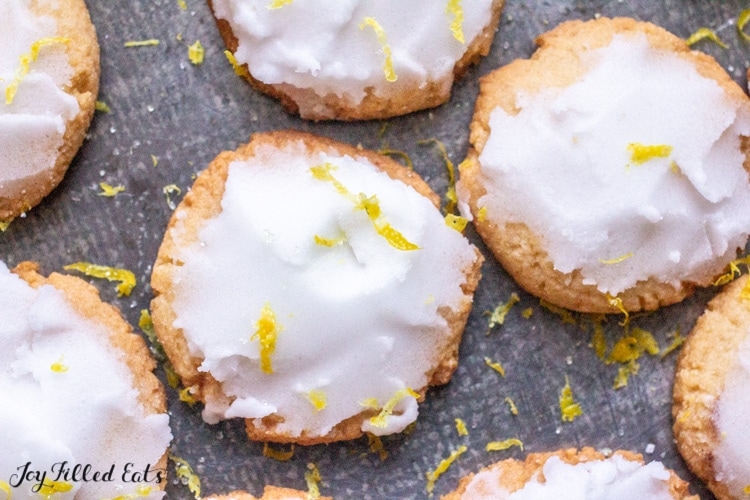 overhead view of keto iced lemon cookies in a small round platter