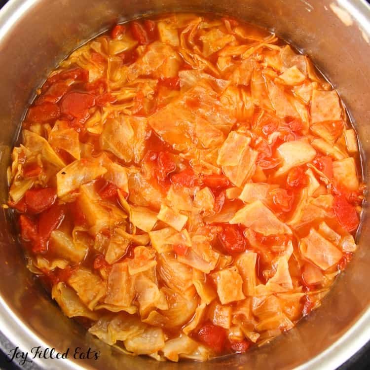 ingredients combined and cooked together in instant pot for cabbage roll soup