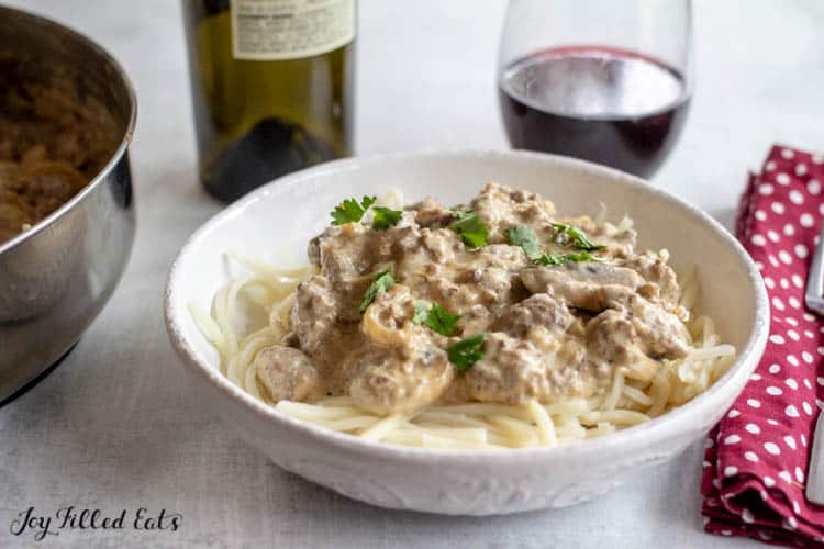Large white bowl filled with keto stroganoff