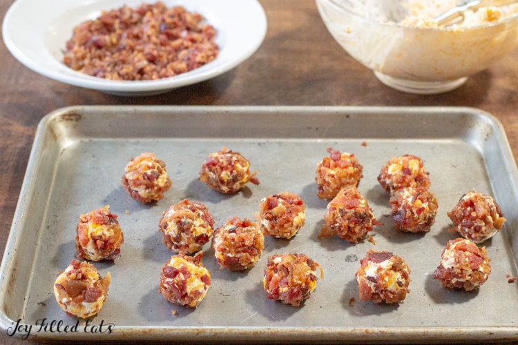 A metal tray of Bacon Cheddar Mini Cheese Balls 